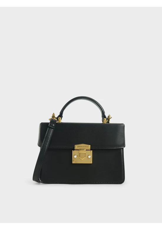 Charles Keith Two Tone Metallic Push Lock Handbag Black